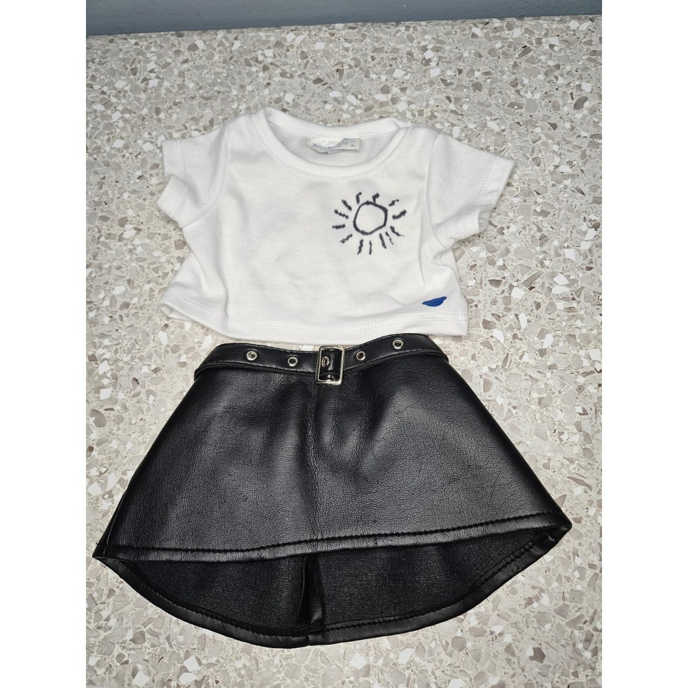 Build A Bear Doll Outfit White Sun Shirt Black Faux Leather Belted Skirt Set
